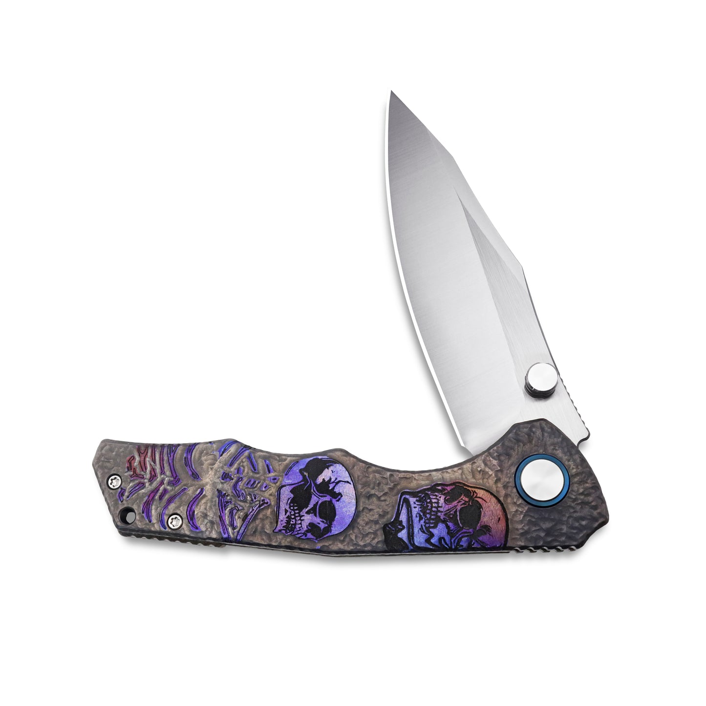 Half-open VORIXN Skull Titanium knife, non-clip side view highlighting handle and partial blade
