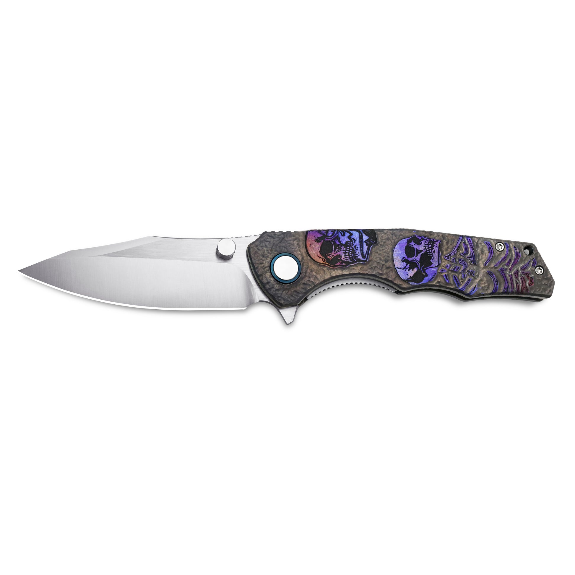 Opened VORIXN Skull Titanium knife, non-clip side, blade laid flat on surfac