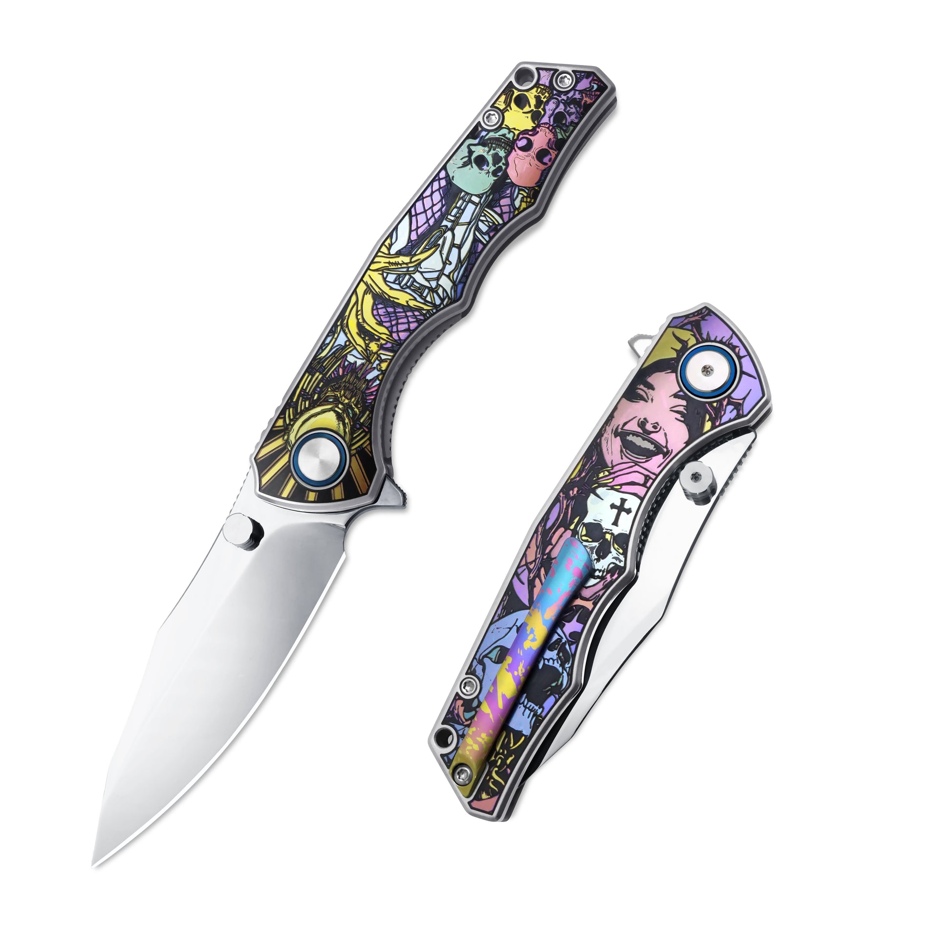 VORIXN KB015 titanium flipper knife open and closed view with engraved handle and VG10 blade