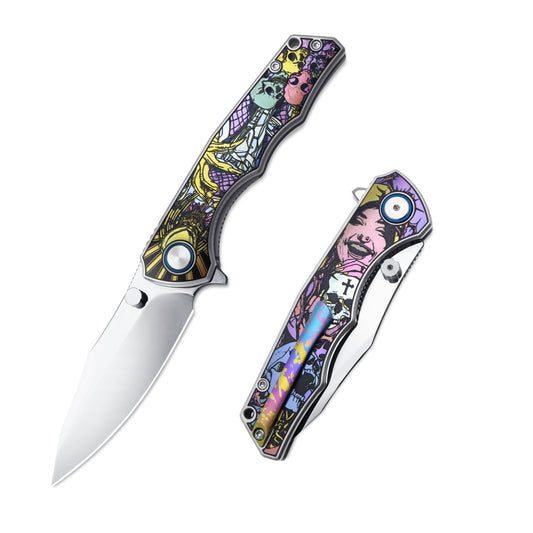 VORIXN KB015 titanium flipper knife open and closed view with engraved handle and VG10 blade