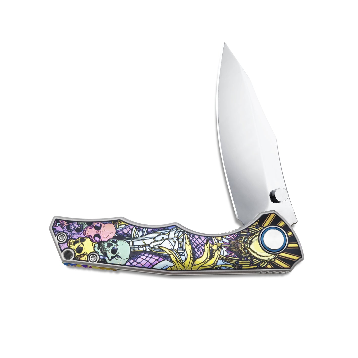 Half-open view of VORIXN KB015 titanium flipper knife showing smooth pivot mechanism