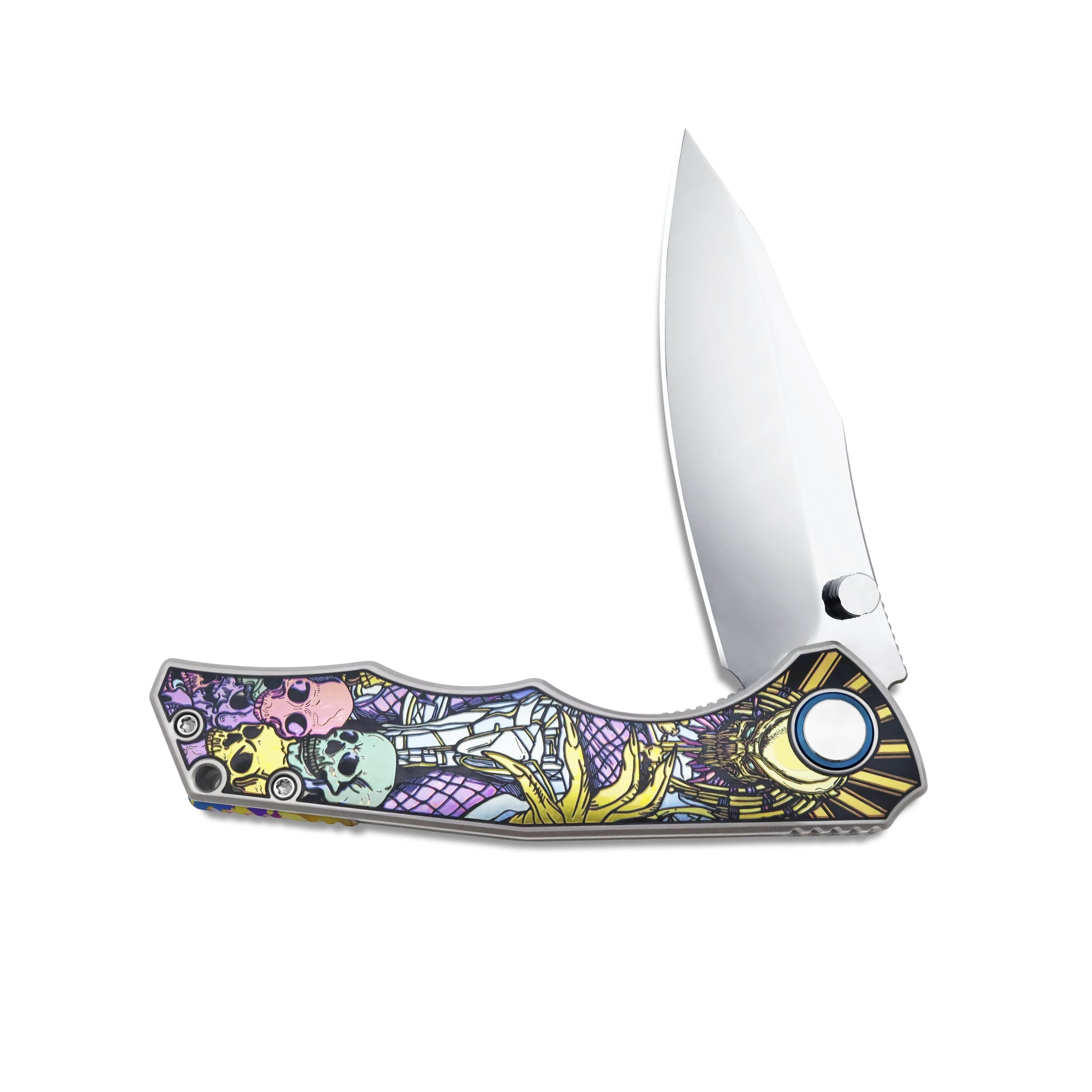 Half-open view of VORIXN KB015 titanium flipper knife showing smooth pivot mechanism