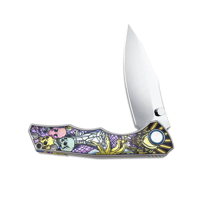 Half-open view of VORIXN KB015 titanium flipper knife showing smooth pivot mechanism