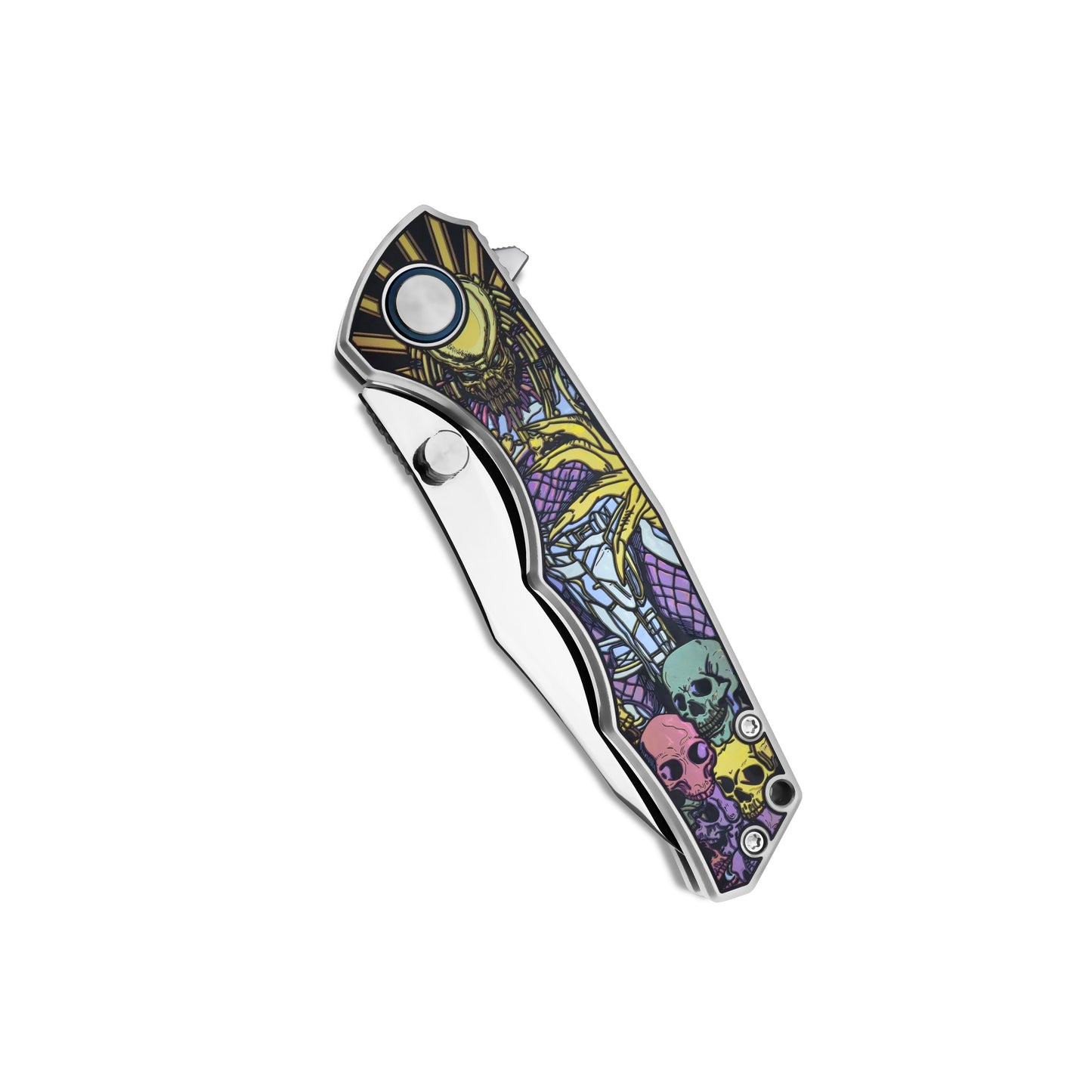 Closed non-clip side view of VORIXN KB015 folding knife with engraved titanium handle pattern