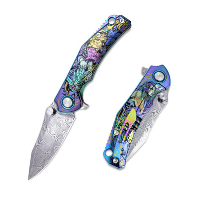 VORIXN Flipper & Thumb Stud Knife Titanium-Engraved Anodized Coloring Handle (4.1" Damascus steel Blade) KB017