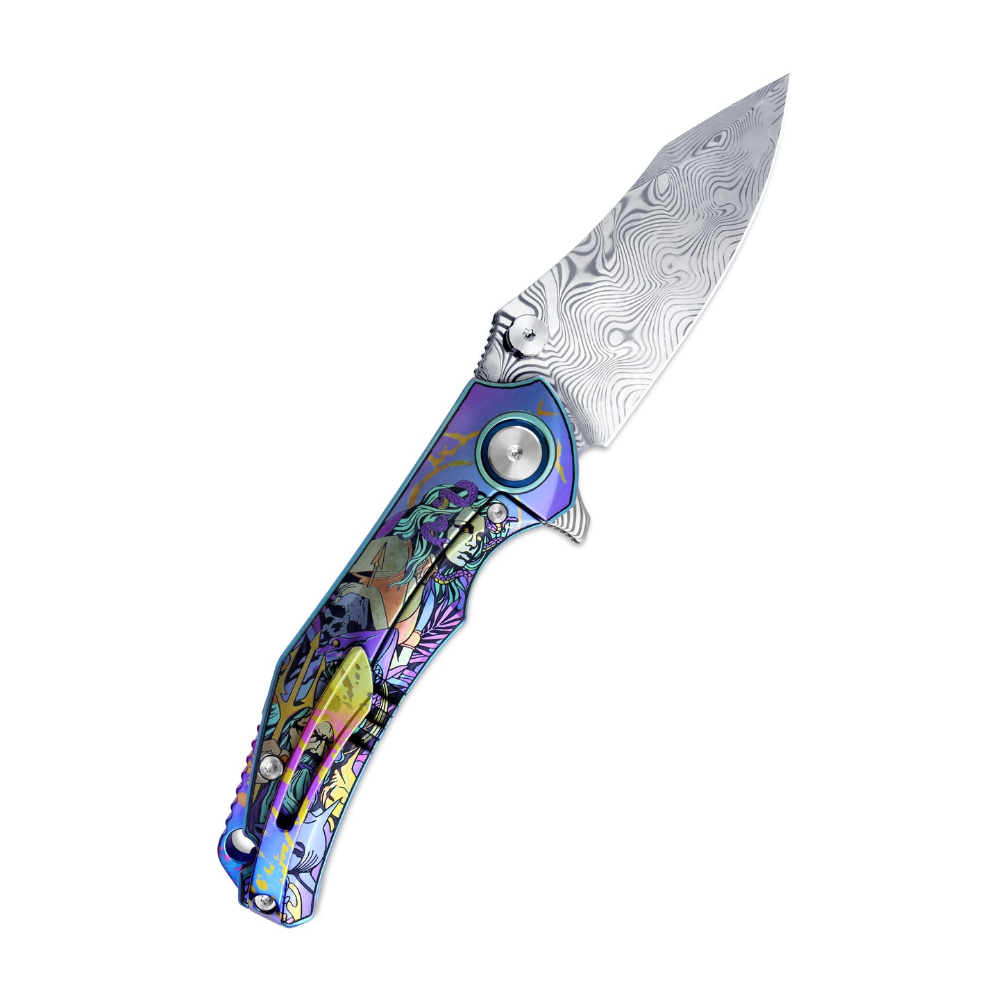 VORIXN Flipper & Thumb Stud Knife Titanium-Engraved Anodized Coloring Handle (4.1" Damascus steel Blade) KB017