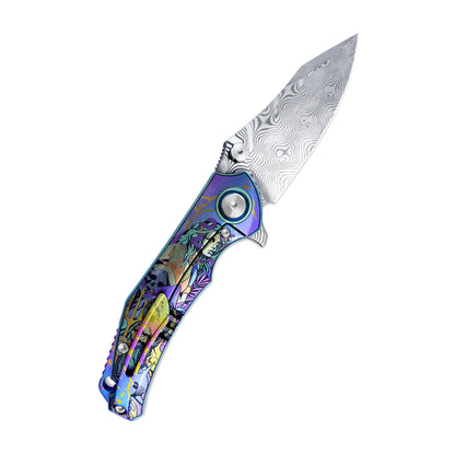 VORIXN Flipper & Thumb Stud Knife Titanium-Engraved Anodized Coloring Handle (4.1" Damascus steel Blade) KB017