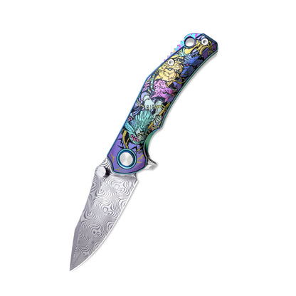 VORIXN Flipper & Thumb Stud Knife Titanium-Engraved Anodized Coloring Handle (4.1" Damascus steel Blade) KB017