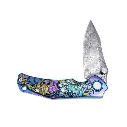 VORIXN Flipper & Thumb Stud Knife Titanium-Engraved Anodized Coloring Handle (4.1" Damascus steel Blade) KB017