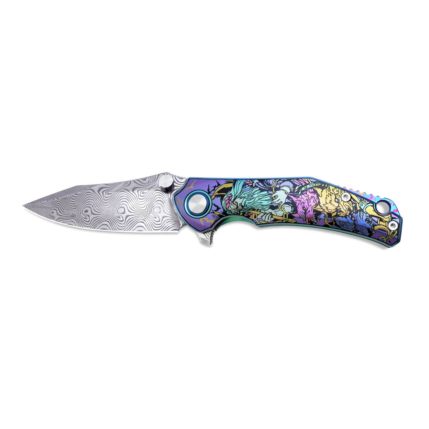VORIXN Flipper & Thumb Stud Knife Titanium-Engraved Anodized Coloring Handle (4.1" Damascus steel Blade) KB017