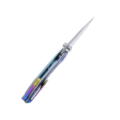 VORIXN Flipper & Thumb Stud Knife Titanium-Engraved Anodized Coloring Handle (4.1" Damascus steel Blade) KB017