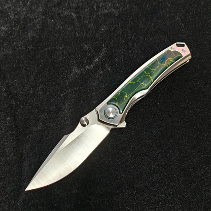 VORIXN Verdant folding knife open non-clip side with VG10 blade angled down, blade satin-brushed