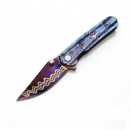 Vorixn “Impact Origin” Flipper & Thumb Stud Knife Titanium-Engraved Anodized Handle (3.6" Damascus steel Blade) KB048, KB049, KB053, KB054