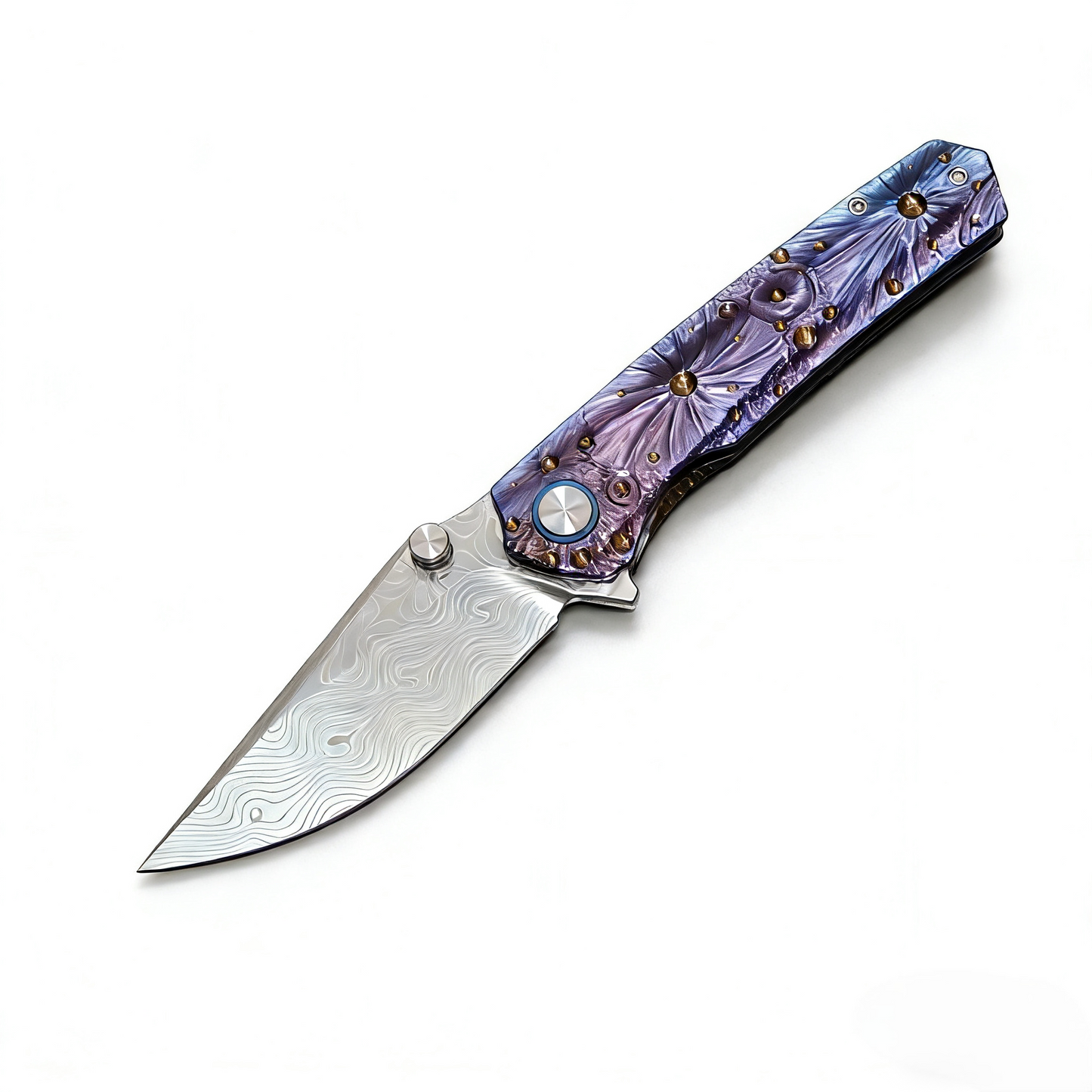 Vorixn “Impact Origin” Flipper & Thumb Stud Knife Titanium-Engraved Anodized Handle (3.6" Damascus steel Blade) KB048, KB049, KB053, KB054