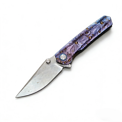 Vorixn “Impact Origin” Flipper & Thumb Stud Knife Titanium-Engraved Anodized Handle (3.6" Damascus steel Blade) KB048, KB049, KB053, KB054