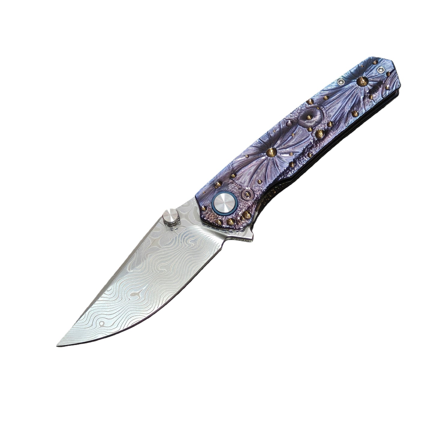 VORIXN Impact Origin titanium Damascus folding knife open, non-clip side, blade angled 45 degrees downward