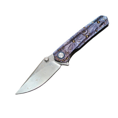 VORIXN Impact Origin titanium Damascus folding knife open, non-clip side, blade angled 45 degrees downward