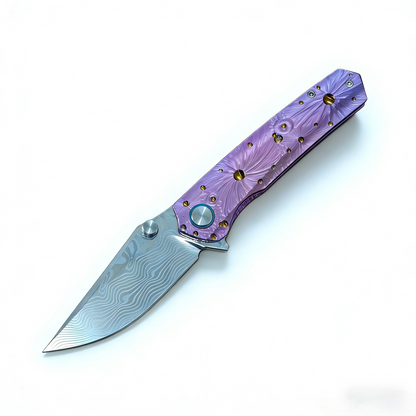 Vorixn “Impact Origin” Flipper & Thumb Stud Knife Titanium-Engraved Anodized Handle (3.6" Damascus steel Blade) KB048, KB049, KB053, KB054