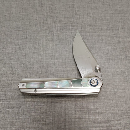VORIXN "Ocean Mirage" Flipper & Thumb Stud Knife Mother-of-Pearl Inlaid Titanium Handle (3.6" Damascus Blade) KB050