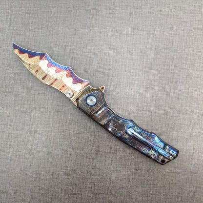VORIXN "Drakescale" Flipper & Thumb Stud Knife Titanium Hand-Flamed Handle (3.6" Damascus Blade) KB057 / KB058