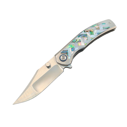 VORIXN "Ocean Mirage" Flipper & Thumb Stud Knife Mother-of-pearl Inlaid Titanium Handle (3.9" M390 Blade) KB066
