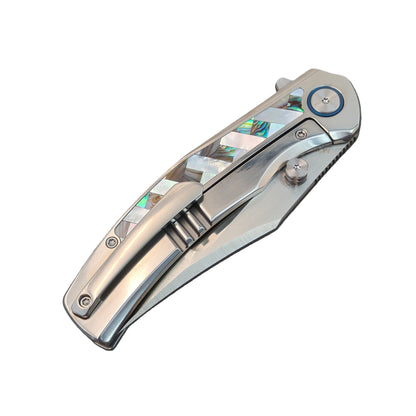 VORIXN "Ocean Mirage" Flipper & Thumb Stud Knife Mother-of-pearl Inlaid Titanium Handle (3.9" M390 Blade) KB066